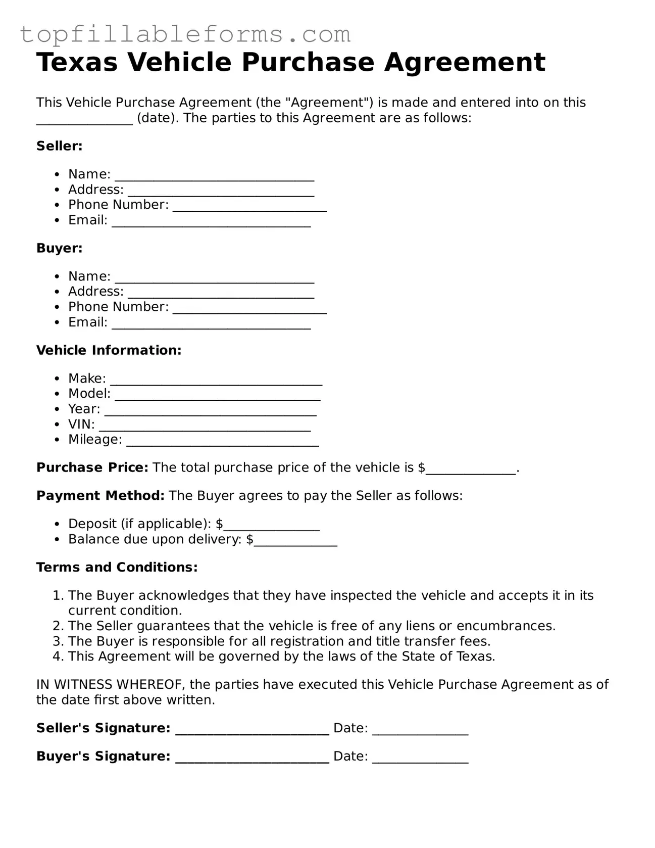 Attorney-Verified  Vehicle Purchase Agreement Template for Texas