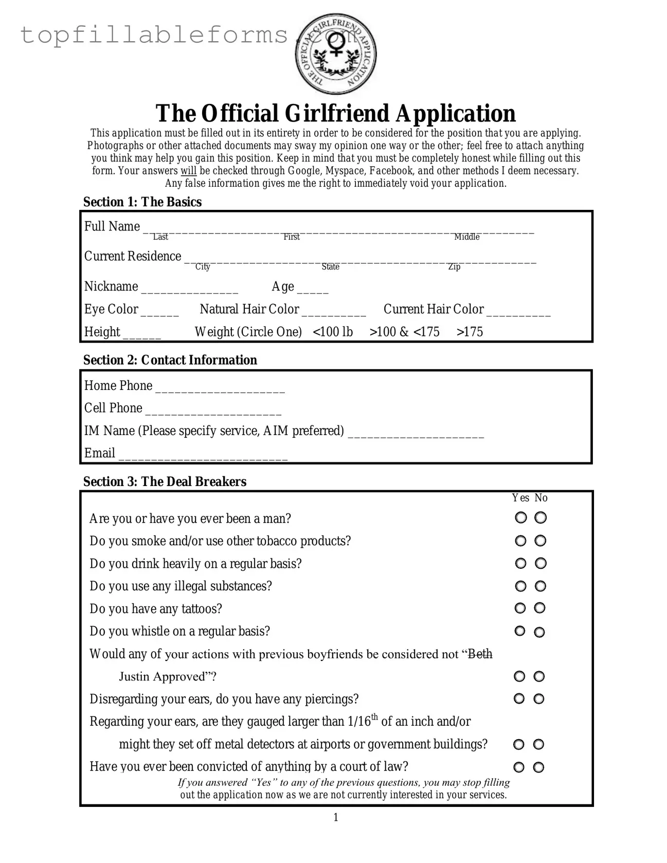 Printable Girlfriend Application Form in PDF