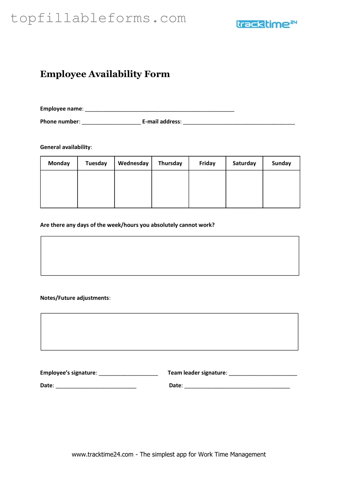 Printable Employee Availability Form in PDF