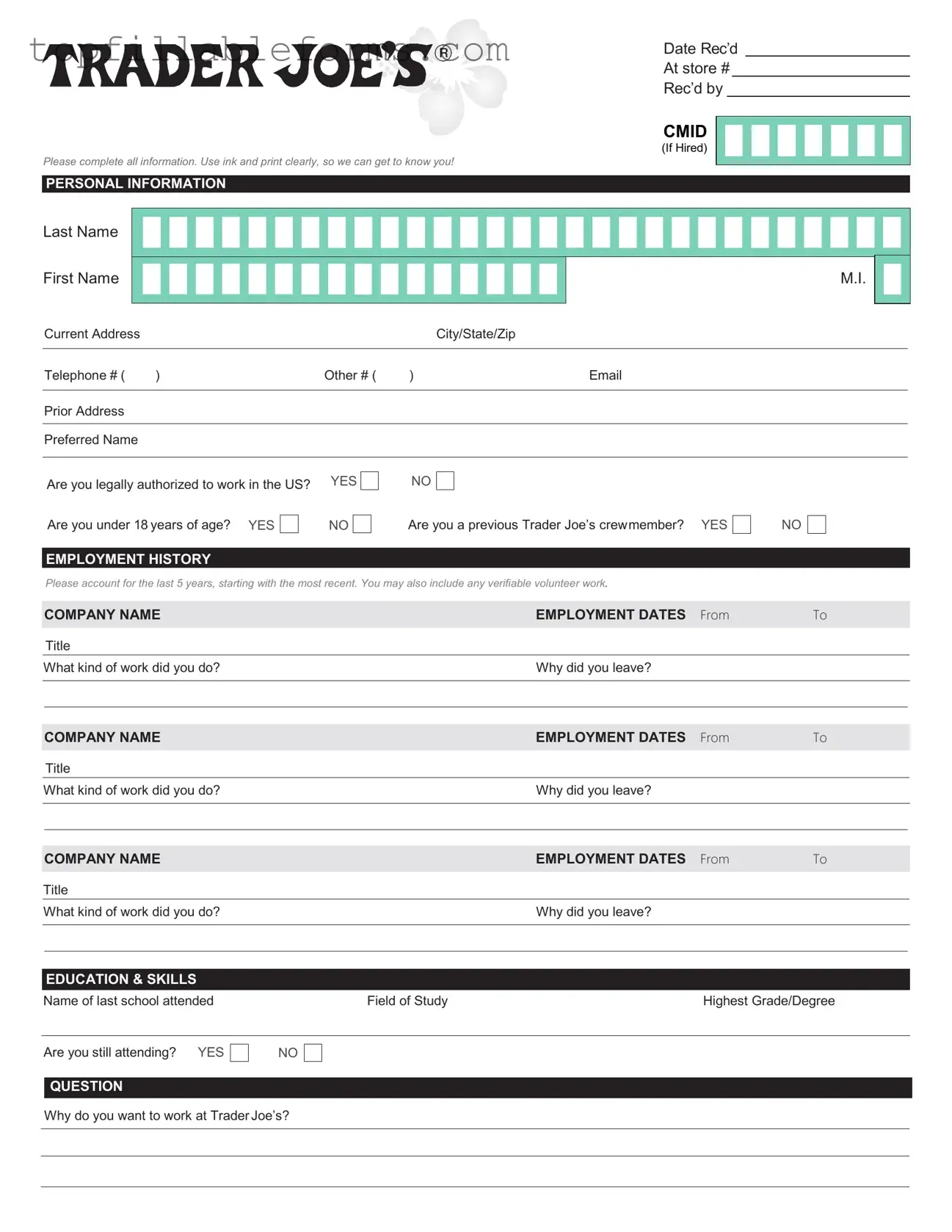 Printable Trader Joe's application Form in PDF