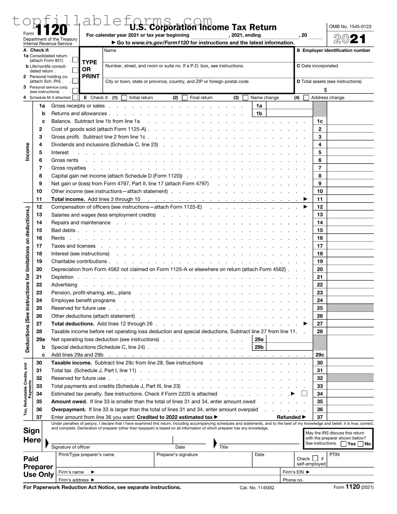 Printable IRS 1120 Form in PDF