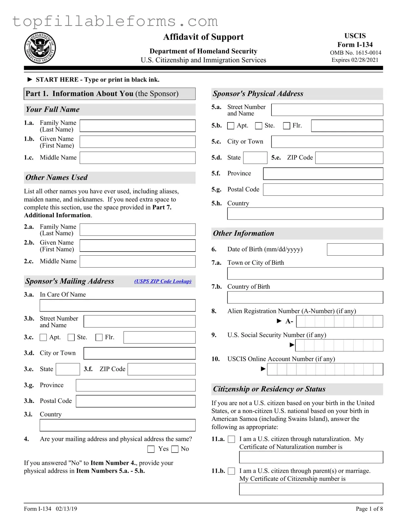 Printable USCIS I-134 Form in PDF