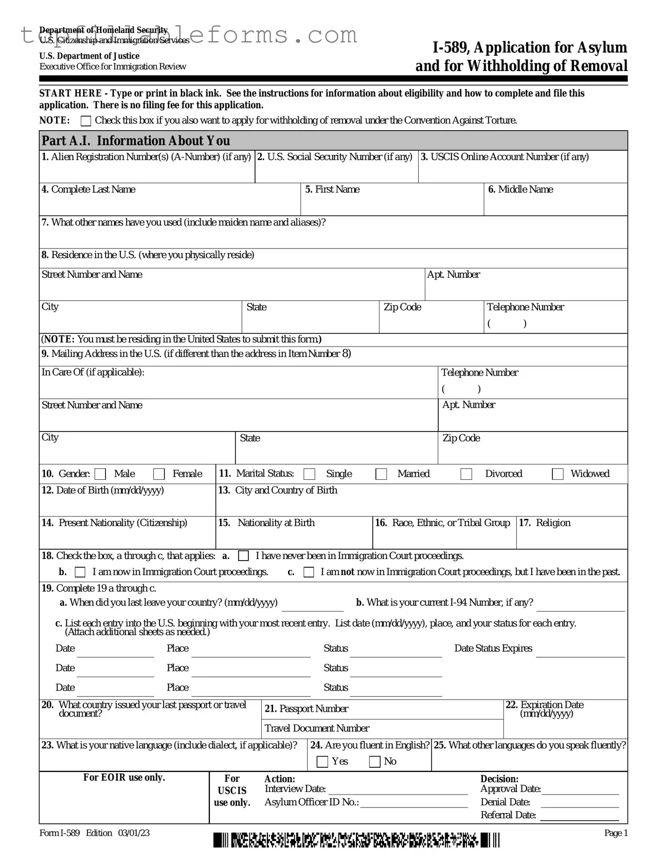 Printable USCIS I-589 Form in PDF