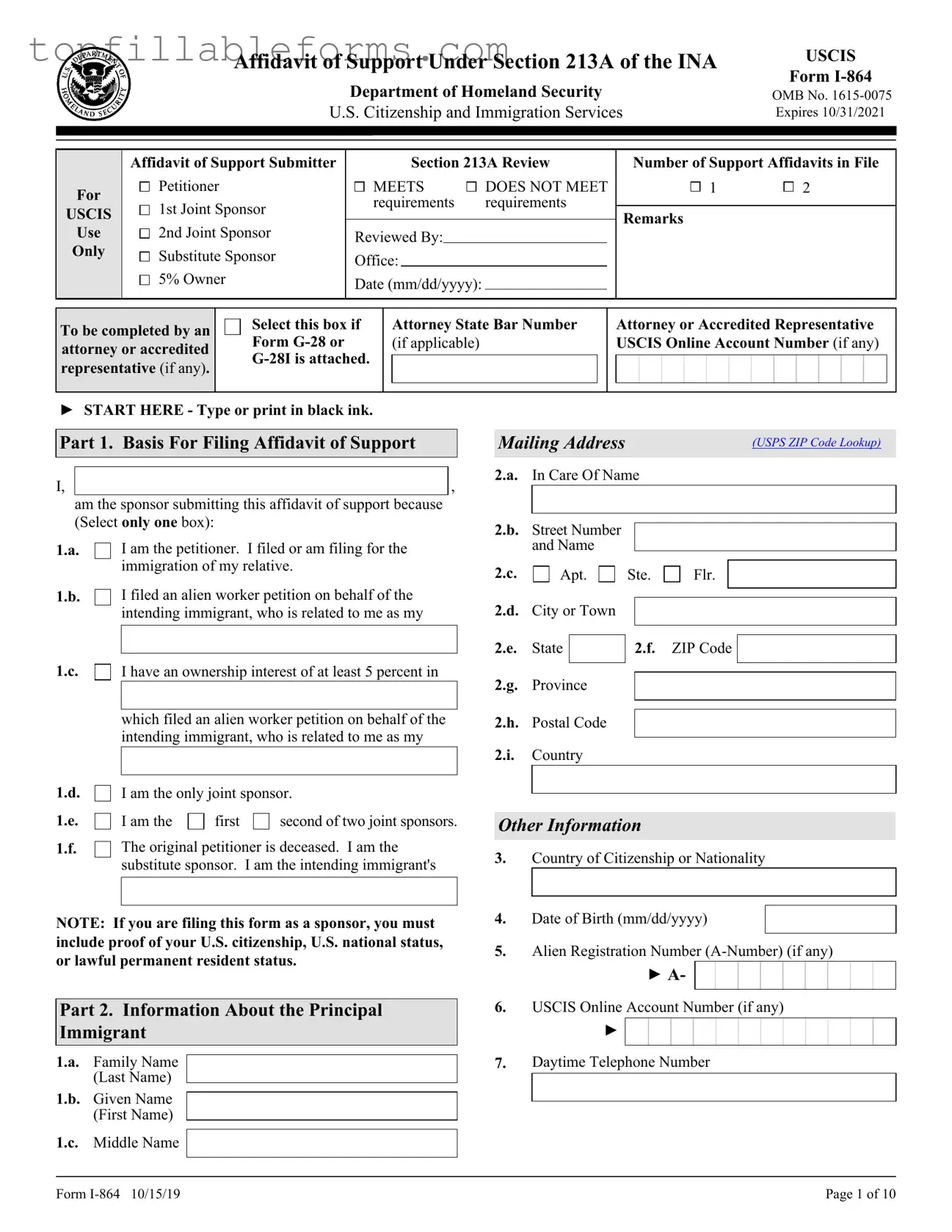 Printable USCIS I-864 Form in PDF