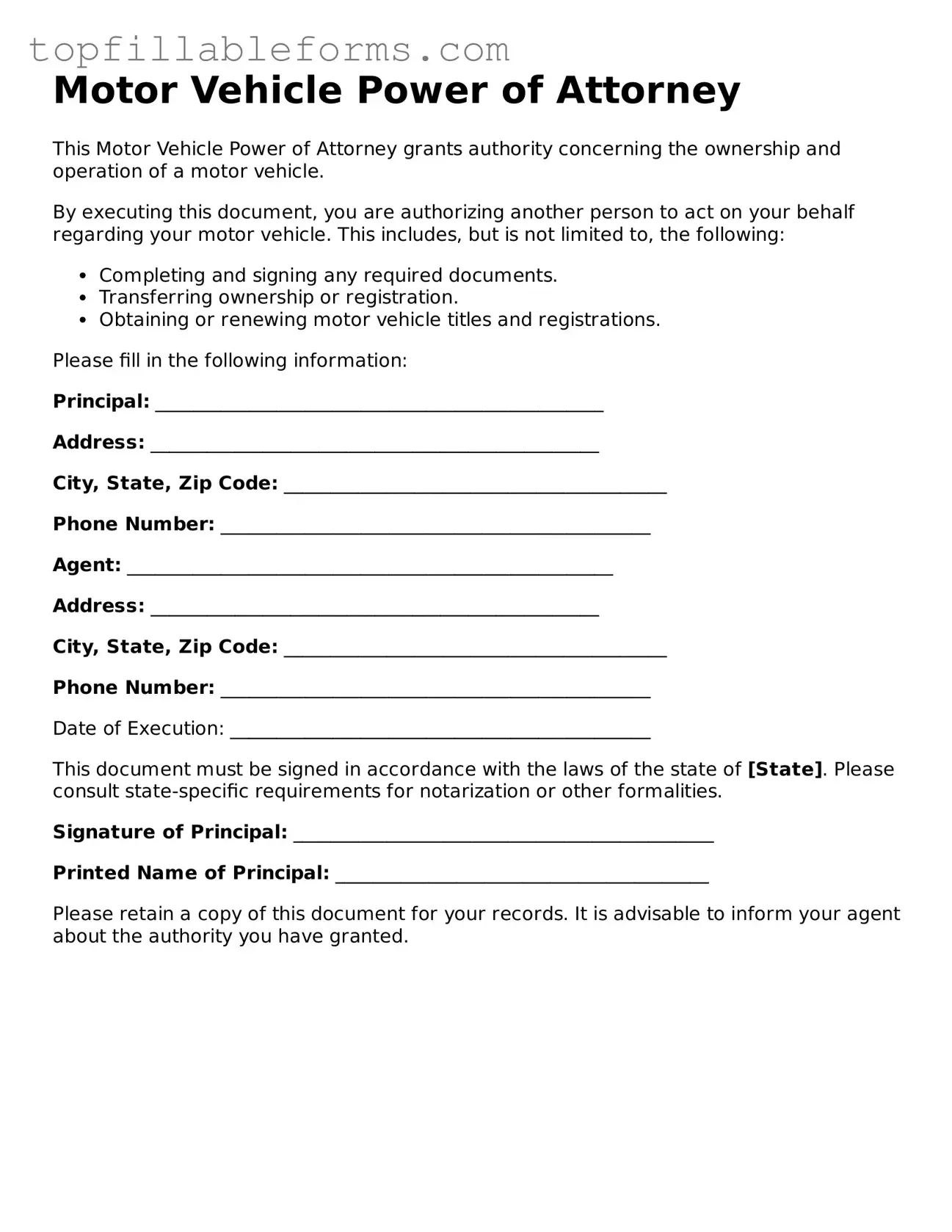 Free Motor Vehicle Power of Attorney Form