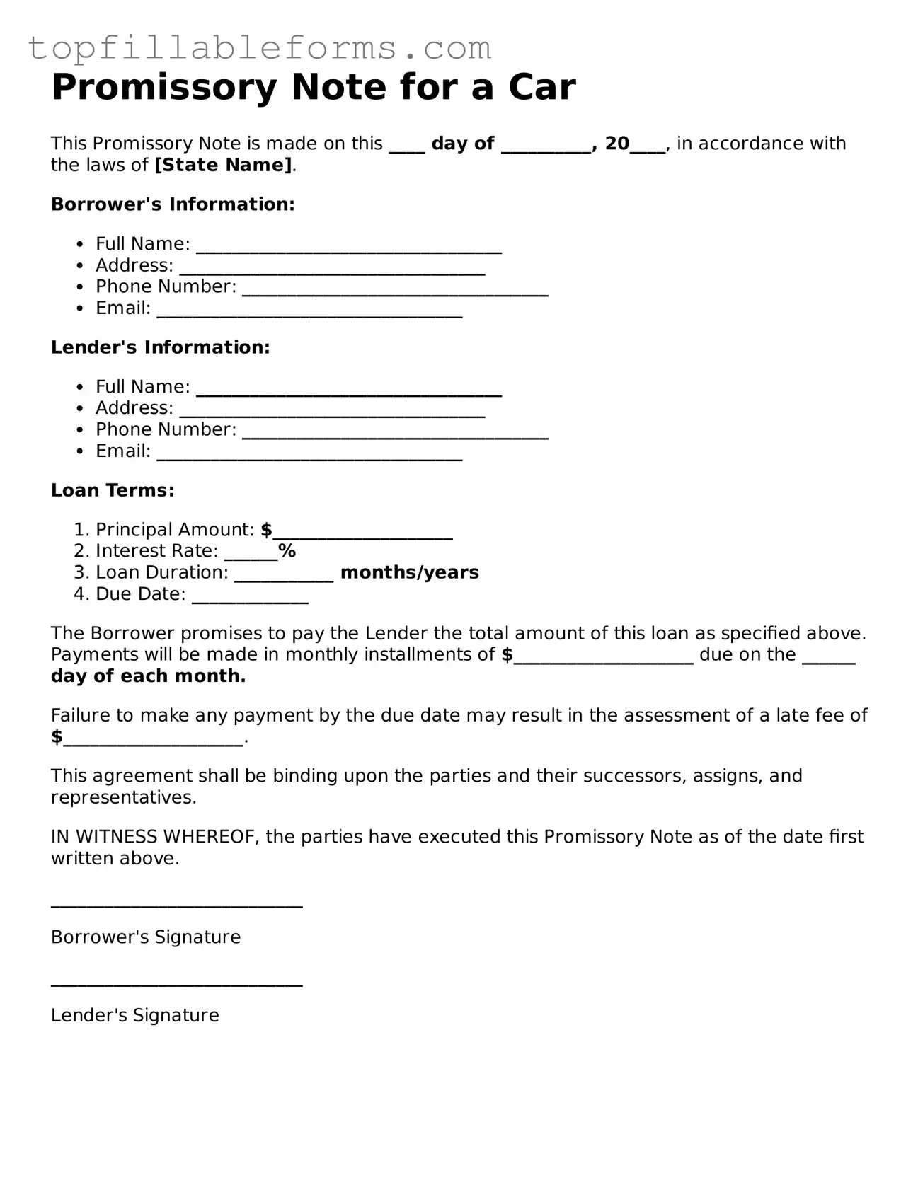 Free Promissory Note for a Car Form