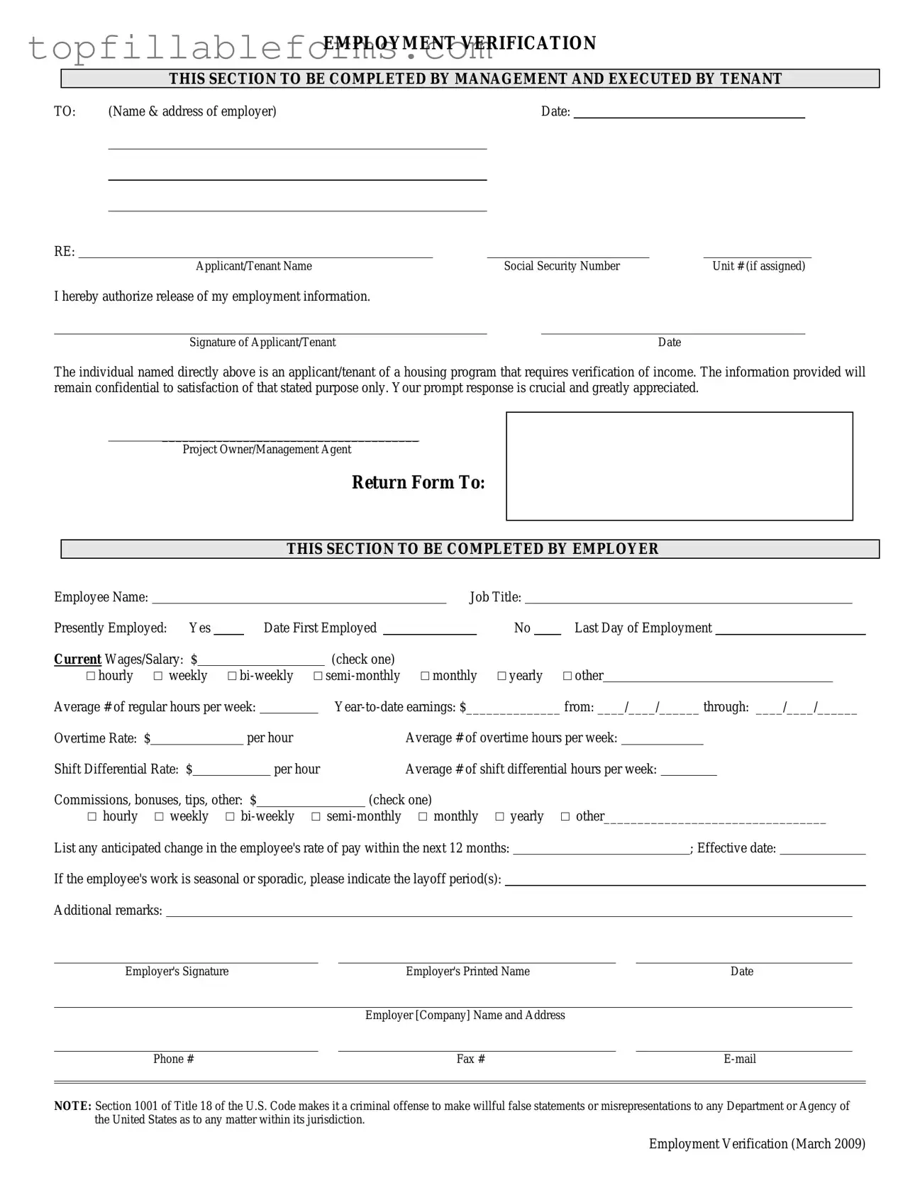 Printable Employment verification form Form in PDF