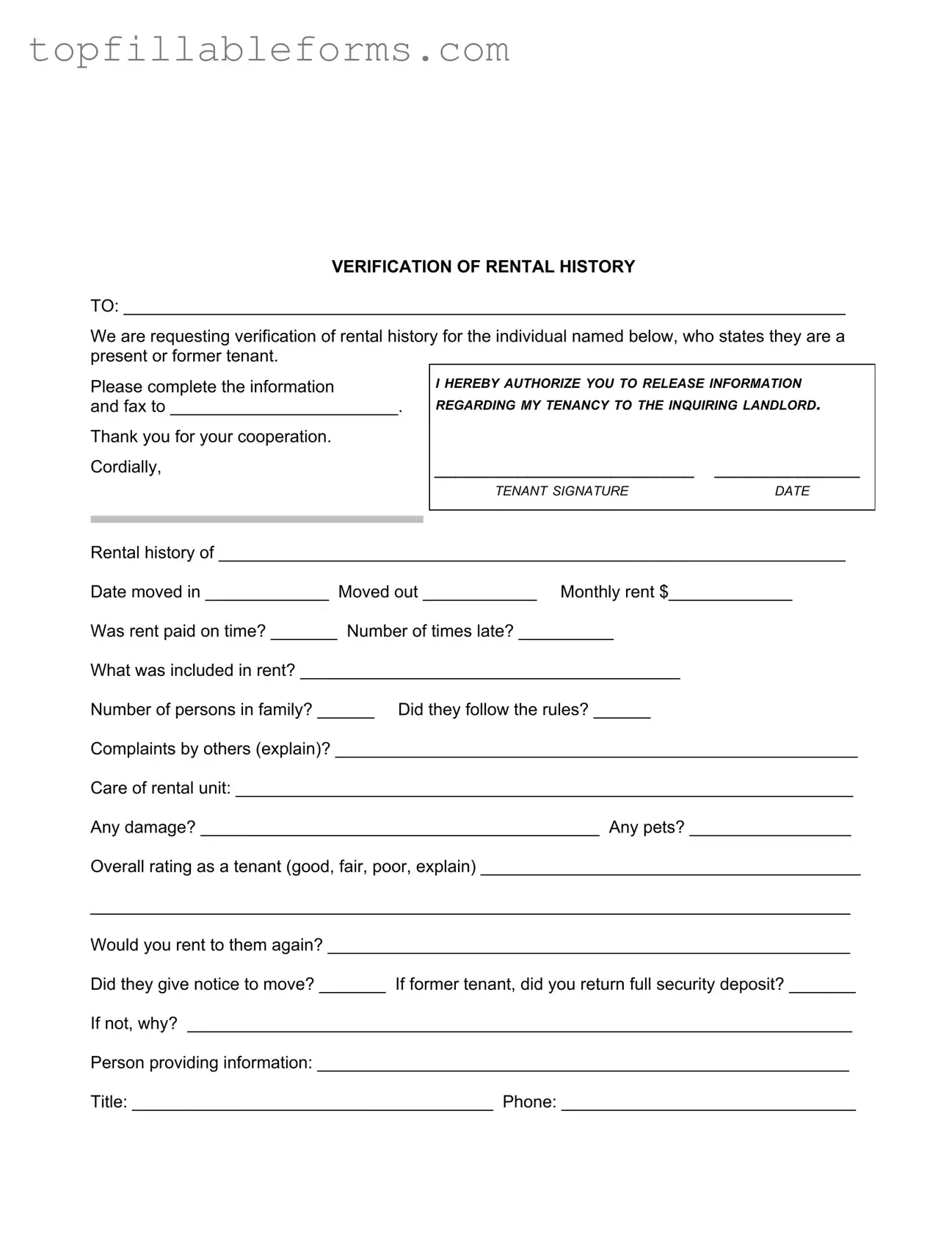 Printable Verification Rental Form in PDF