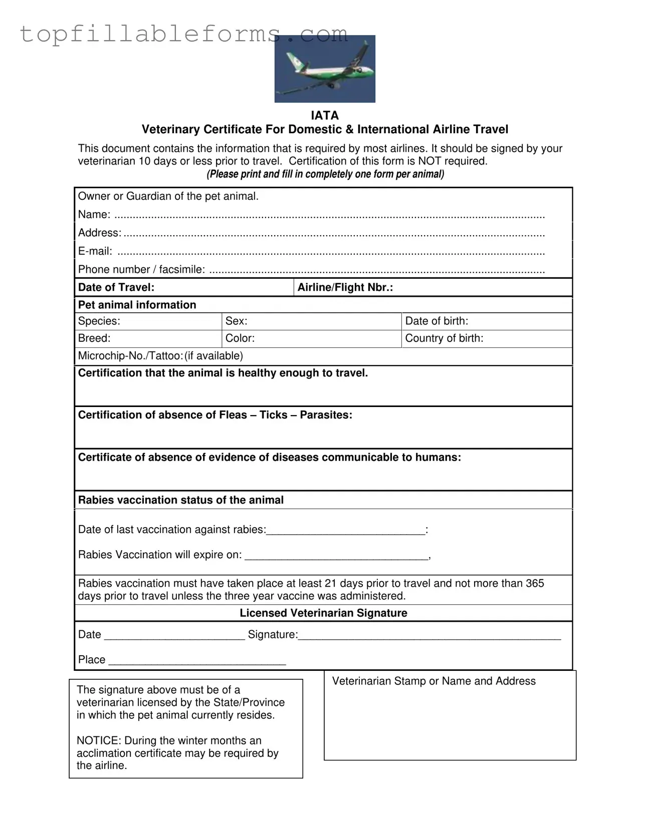 Printable Veterinary Certificate Travel Form in PDF