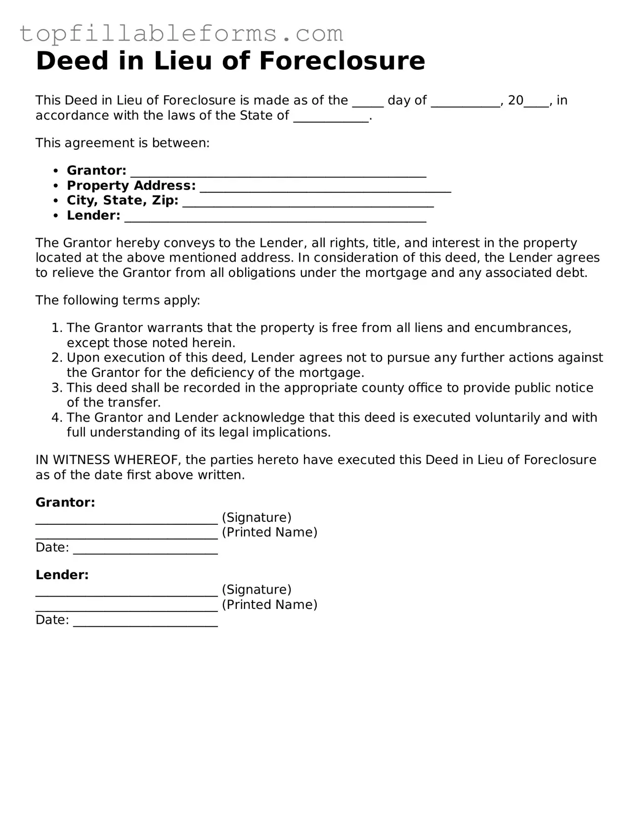 Free Deed in Lieu of Foreclosure Form