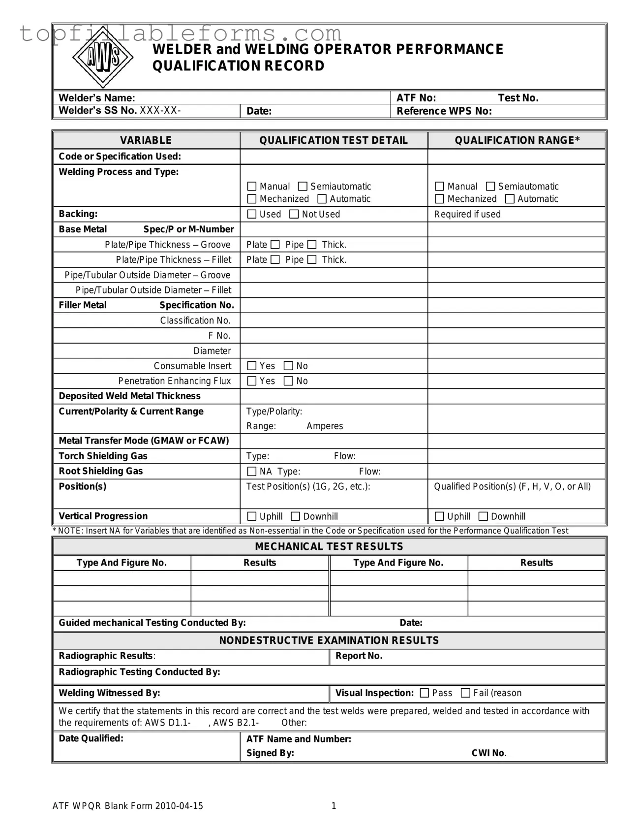 Printable Welder Performance Qualification Record Form in PDF