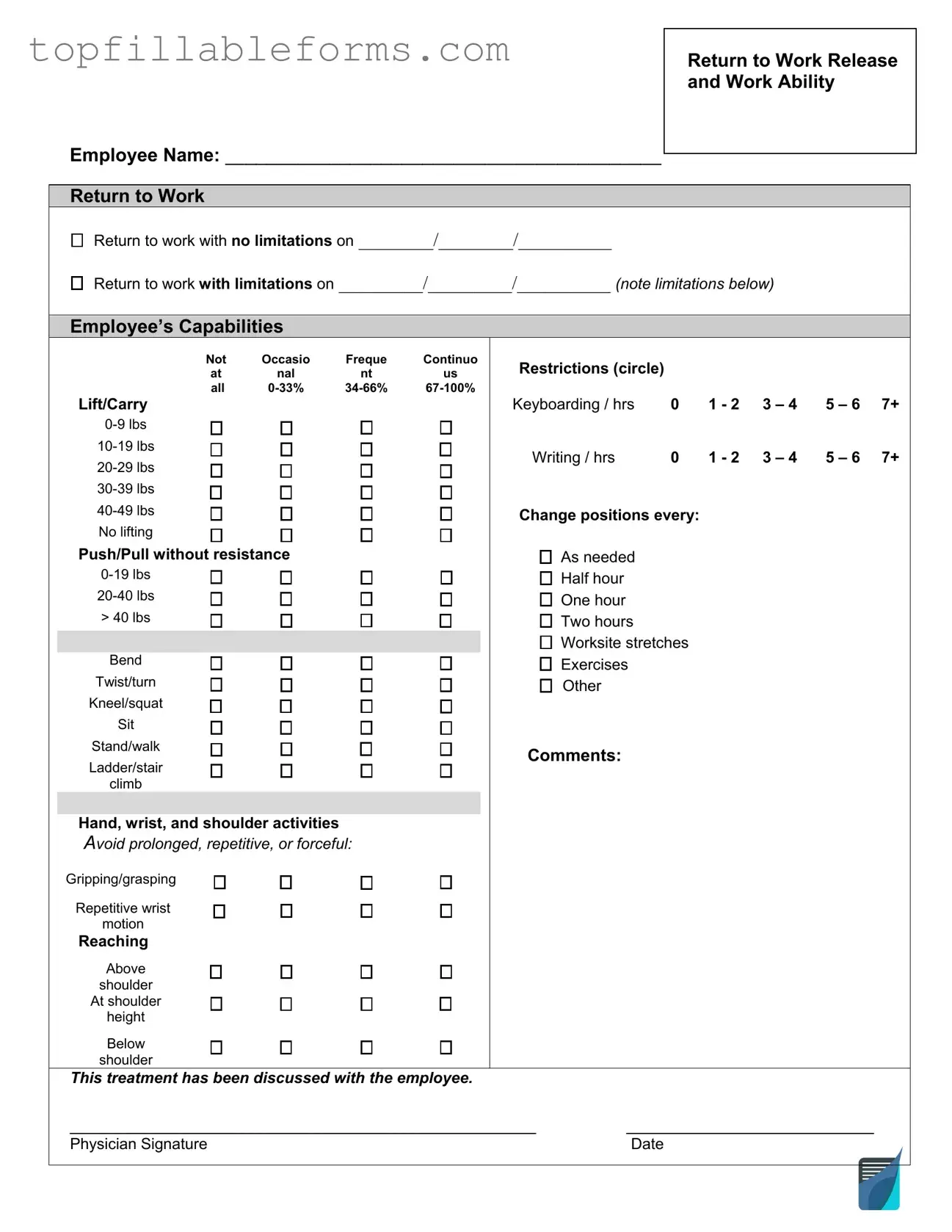 Printable Work Release Form in PDF