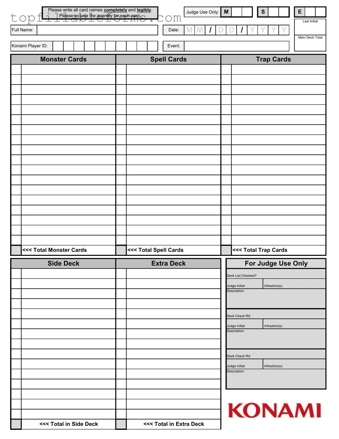 Printable Konami Decklist Form in PDF